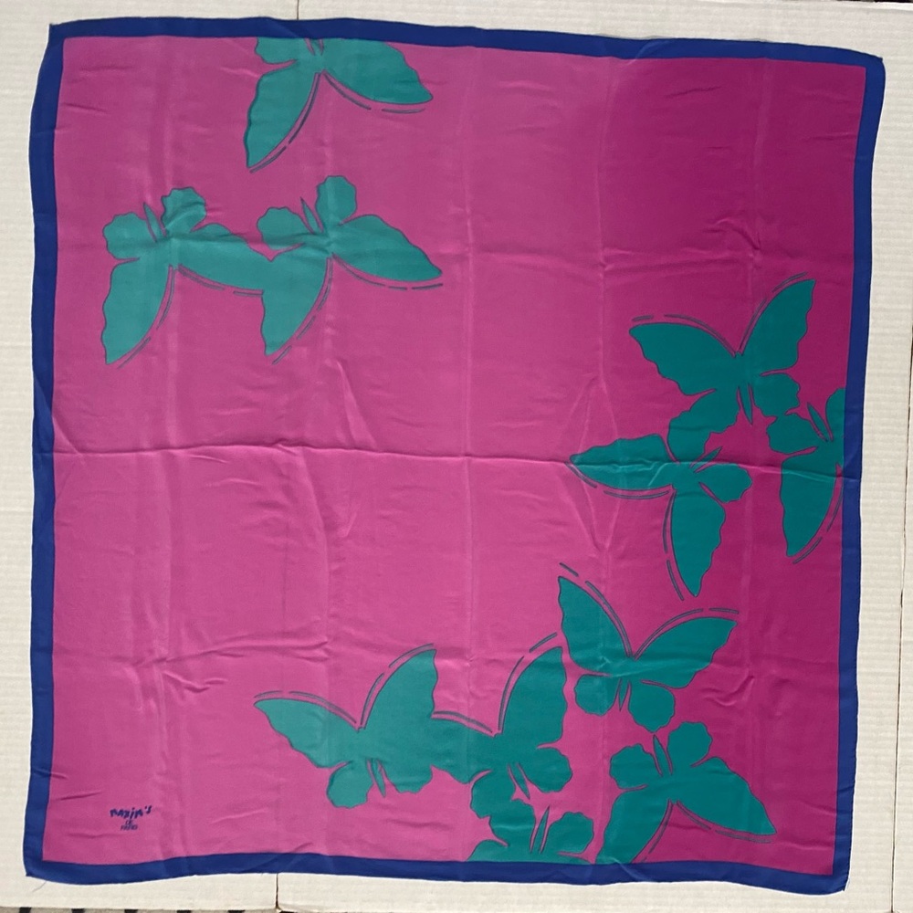 Maxim’s De Paris Silk Pink Ombré 33” Square Butterfly Scarf w/Blue Border - Picture 13 of 16